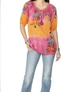 Double D Ranchwear Pink & Orange Floral Peasant Top - Size 1X